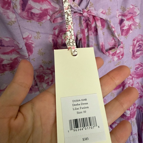 LoveShackFancy Lavender Dress with Pink Rose Print and Neck Tie - Picture 4 of 6